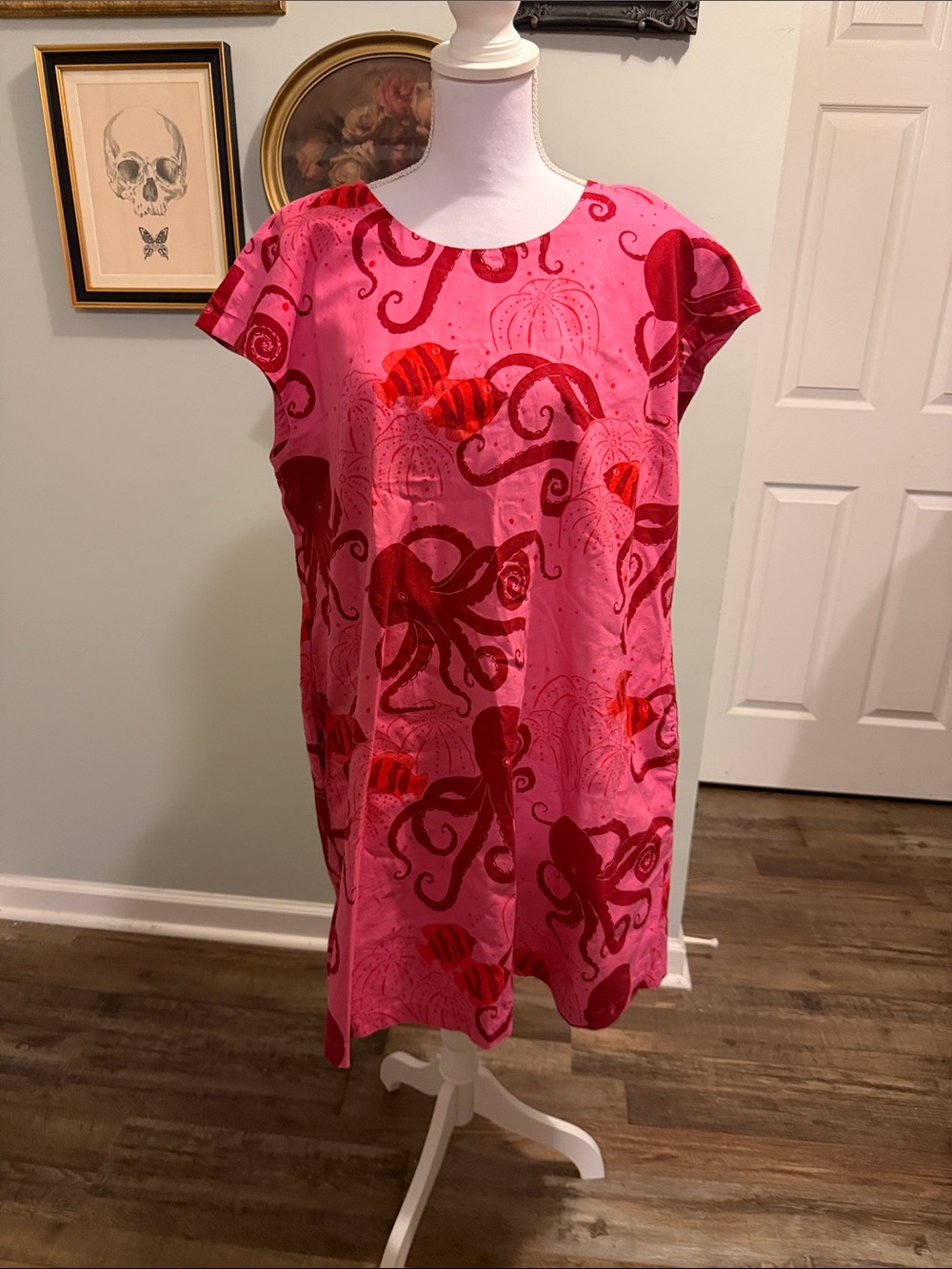 Uncle Frank Pink and Red Octopus Print Midi Dress